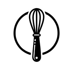 Whisk in Circle: A stylish illustration of a whisk encircled within a simple, bold circle, ideal for culinary branding, recipe websites, or cookbooks. The design is clean and minimalist.