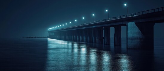 Illuminated bridge at night over dark water.
