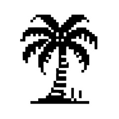Fototapeta premium Pixel Palm Tree: A minimalist pixel art depiction of a palm tree on a small beach, offering a simple yet evocative image of tropical paradise. 