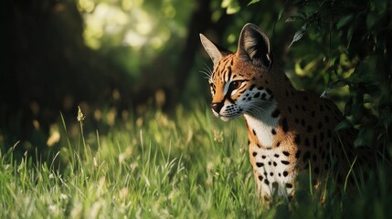 Fototapeta premium Serval cat sitting in tall grass, dappled sunlight.
