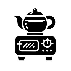 Teapot on Stovetop Icon: A simple yet evocative black and white icon depicting a teapot perched atop a stovetop, a visual representation of warmth, comfort.