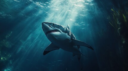 Fototapeta premium Great white shark swimming in sunlit ocean depths.