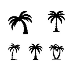 Fototapeta premium Palm Tree Icons: A collection of five distinct palm tree icons, depicted in a minimalist black silhouette style, perfect for tropical-themed designs and branding. 