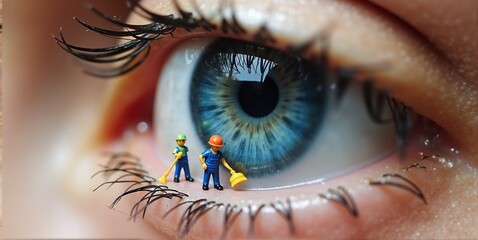 Tiny cleaner on ladder scrubs blue eye with broom and mop. Promotes eye hygiene, protecting against dirt, makeup, and environmental risks