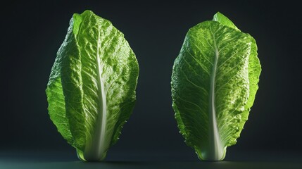 Obraz premium Two fresh green romaine lettuce leaves on dark background.