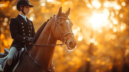 Obraz premium Equestrian riding at sunset in autumn woods. Stock photo for equestrian magazines