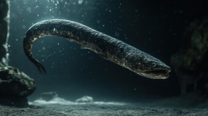 Fototapeta premium A large, dark-colored eel-like fish swims gracefully in dark, underwater environment.