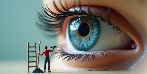 Tiny cleaner on ladder scrubs blue eye with broom and mop. Promotes eye hygiene, protecting against dirt, makeup, and environmental risks