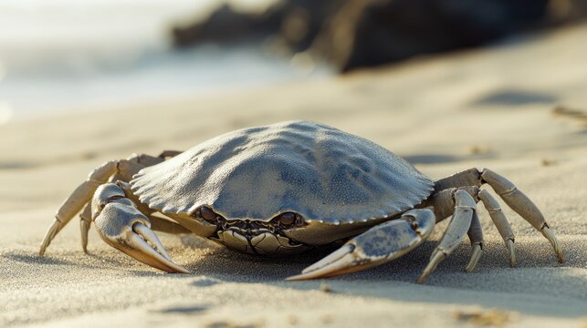 Close-up of a large grey crab on a sandy beach at sunset.
