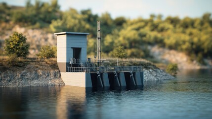 Small-scale hydroelectric power plant by a lake in a natural landscape.