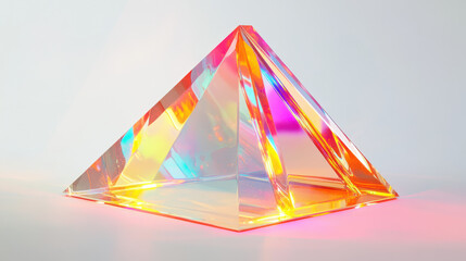 A futuristic geometric shape made of translucent glass, sharp triangular forms reflecting colorful refracted light, vibrant edges glowing faintly