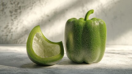 A whole green bell pepper beside a cut piece, on a textured surface in sunlight.