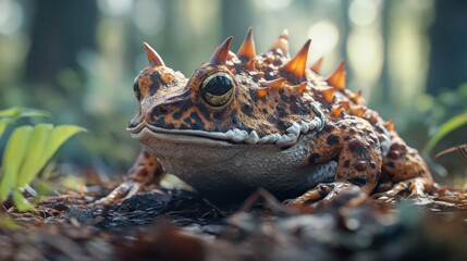 Spiky toad in forest, close-up.