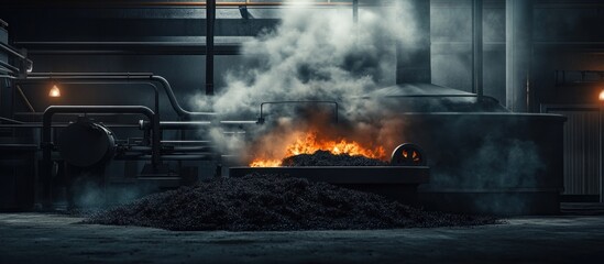 Fiery industrial scene with smoke and steam rising from a large furnace.