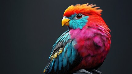 Obraz premium Vibrant red, pink, and blue parrot perched against a dark background.