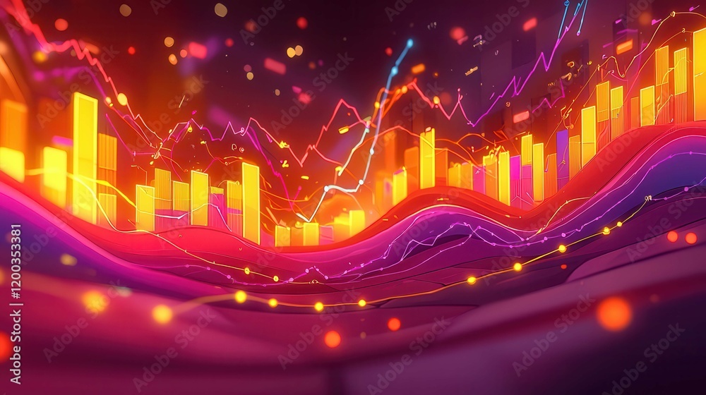Poster abstract colorful visualization of data analysis with vibrant waves and bars.