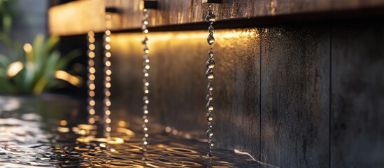 Water flowing from a modern wall fountain at night, illuminated with warm light.