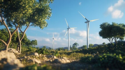 Idyllic landscape with wind turbines generating clean energy under a sunny sky.