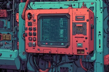 Fototapeta premium Cyberpunk-inspired machinery with a central console displaying complex data, surrounded by intricate cables and detailed mechanical components
