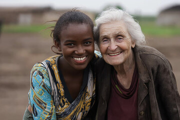 Naklejka premium Kindness and Support: A Young Woman Assisting an Elderly Person joy care love girl park city cane 