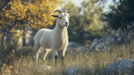 Obraz premium White goat standing in autumnal forest.