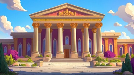 Obraz premium A vibrant, animated building with columns and colorful foliage, showcasing a detailed architectural design.