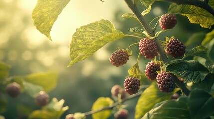 Obraz premium Sunlit ripe blackberries on branch with green leaves.