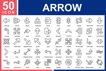 Naklejka premium 50 arrow icons, vector outline including: left arrow,log out,reload,download,import,log in,scroll,repeat,right arrow,down arrow,turn left,maximize,play,up arrow,export,left arrow,up arrow,jump,reload 