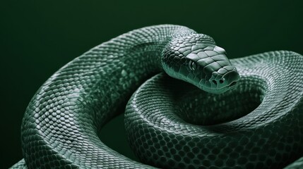 Emerald green snake coiled, close-up.