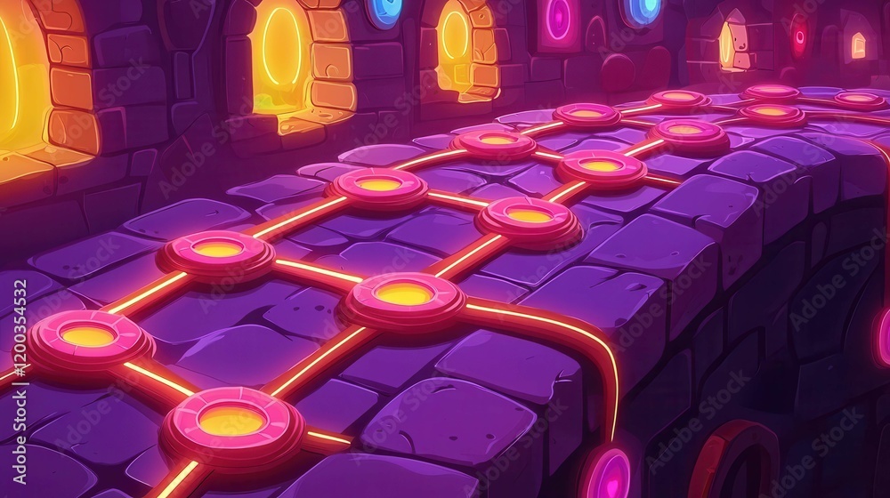 Poster a colorful and vibrant pathway in a fantasy setting with glowing elements and an animated style.