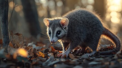 Fototapeta premium A young opossum in a forest at sunset.