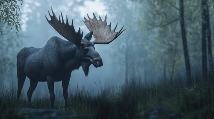 Fototapeta premium Majestic bull moose with large antlers standing in a misty forest.