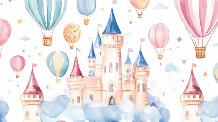 Fantasy castle towers and hot air balloons whimsical watercolor pattern. Whimsical Cloud Castle. Illustration