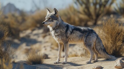 Fototapeta premium Gray coyote standing alert in desert landscape.