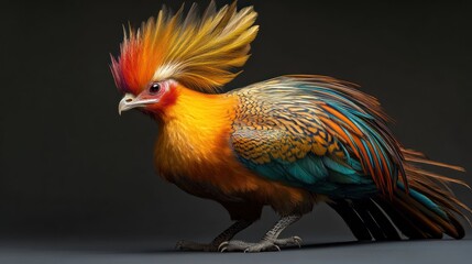 Golden pheasant with vibrant plumage against dark background.