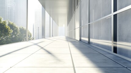 Fototapeta premium Modern building's sunlit hallway with city view.