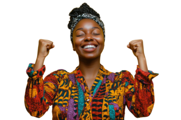 Portrait of delighted positive person closed eyes raise fists shout yeah isolated PNG

