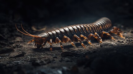 Obraz premium Close-up of a large, segmented millipede crawling on dark ground.