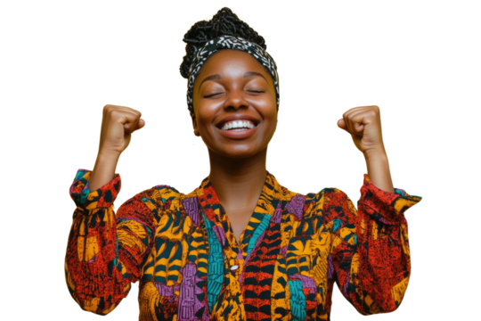 Portrait of delighted positive person closed eyes raise fists shout yeah isolated PNG

