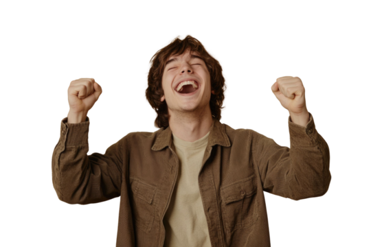 Portrait of delighted positive person closed eyes raise fists shout yeah isolated PNG

