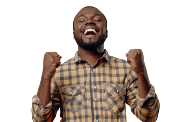Portrait of delighted positive person closed eyes raise fists shout yeah isolated PNG

