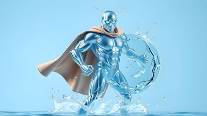 a superhero completely made out of translucent water. the superhero stands in a defensive stance and holds a round shield made of water. only use water. water splashes. light blue background. Generati