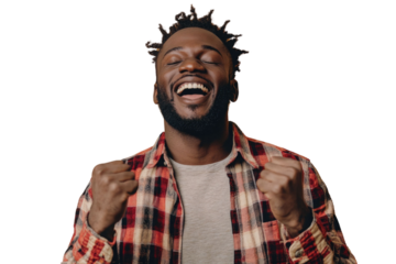 Portrait of delighted positive person closed eyes raise fists shout yeah isolated PNG

