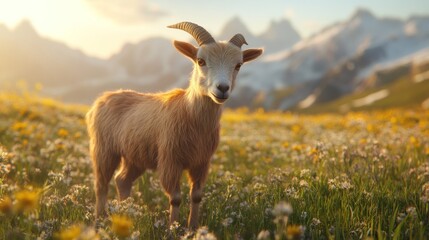 Obraz premium Young goat standing in a field of wildflowers at sunset, mountains in background.