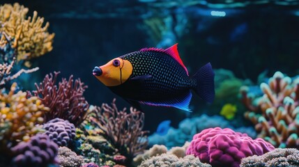 Obraz premium Vibrant fish swimming amidst colorful coral reef in aquarium.