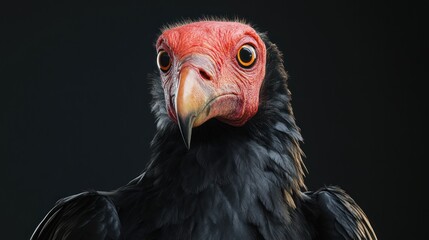 Close-up portrait of a black vulture with intense red facial features against a dark background.