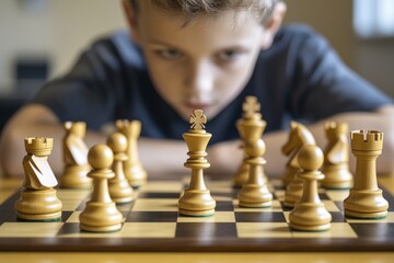 Intense chess strategy and focused young player in competitive gameplay