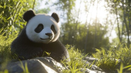 Adorable panda cub resting on rocks in a sunlit bamboo forest.
