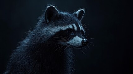 Fototapeta premium Close-up portrait of a raccoon against a dark background, showcasing its fur texture and facial details.