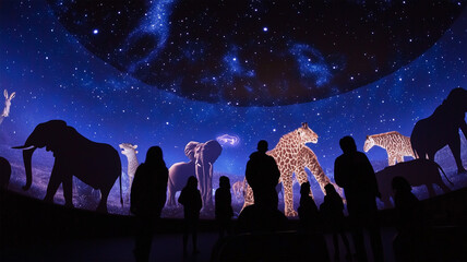 プラネタリウムの星座が動物たちと重なる幻想的な夜のショー